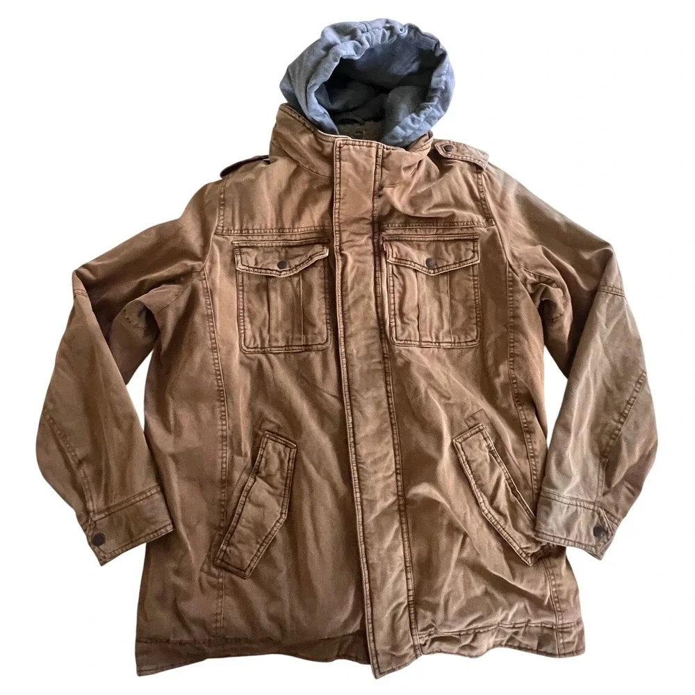 Levis Field Jacket Men L Brown Military Sherpa Lined Hooded Canvas Utility Coat